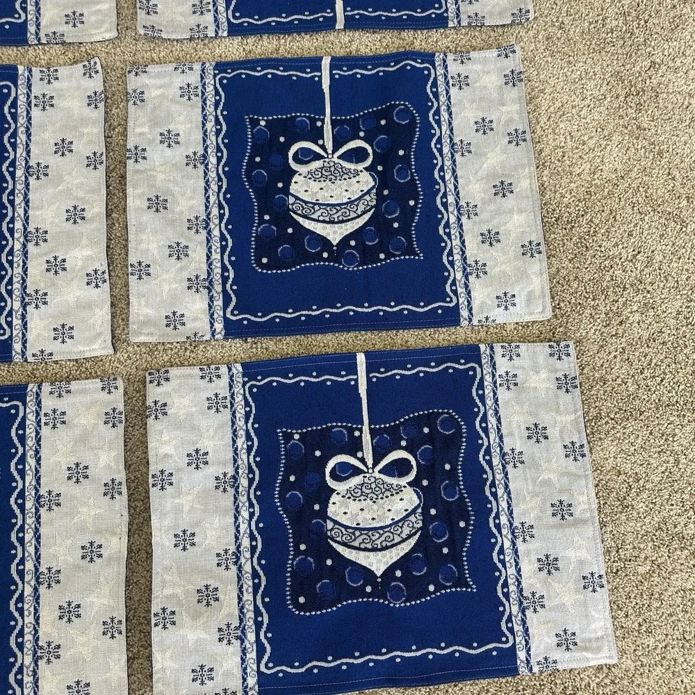 Set of 6 Tapestry Placemat Christmas Ornament Holiday Snowflake Silver Blue